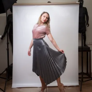 woman wearing pink and gray dress